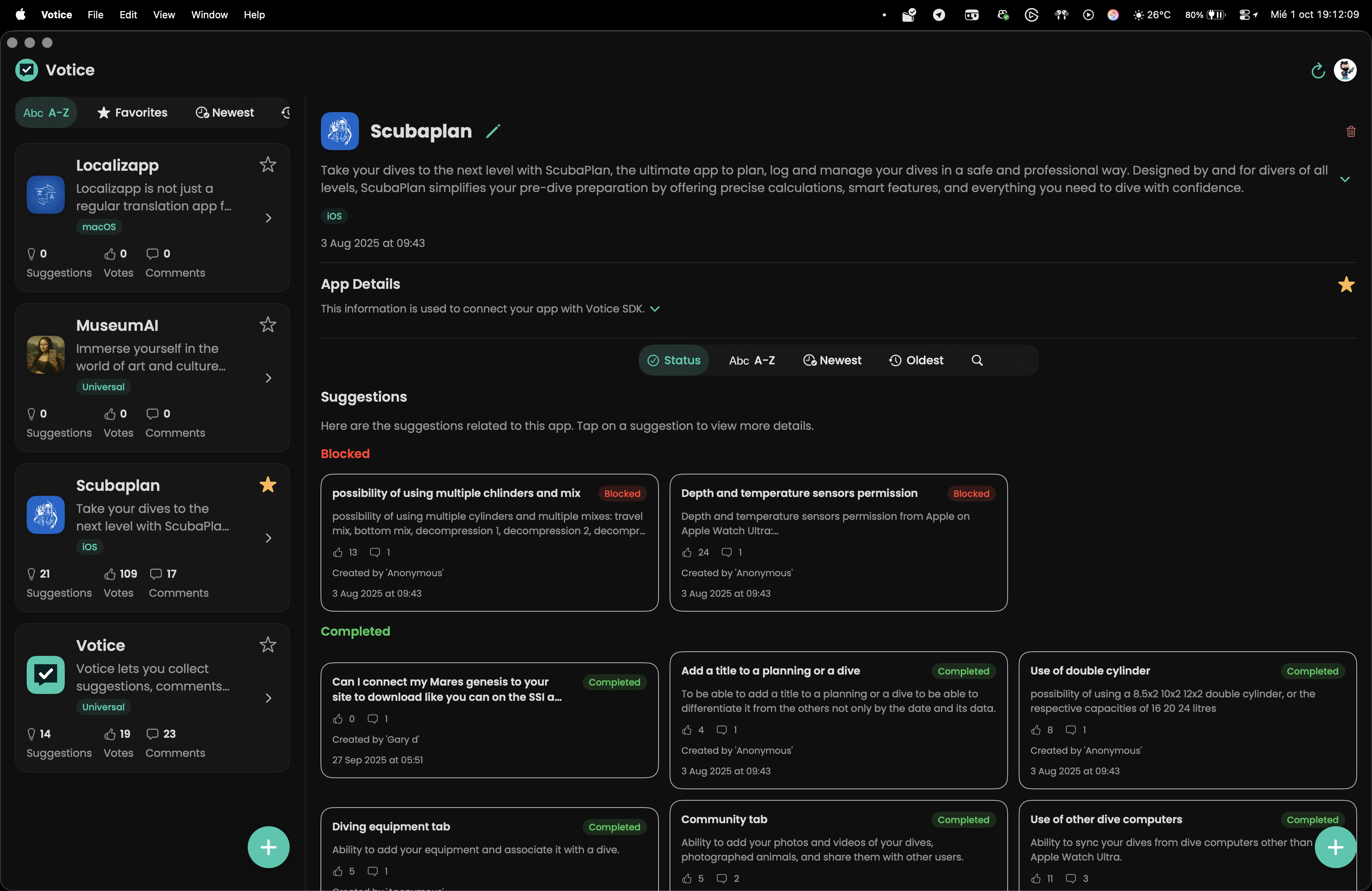Votice macOS App Screenshot - Dark Mode